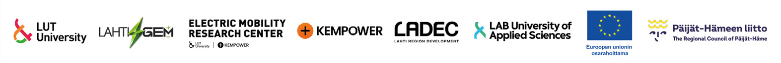 LUT University logo, Lahti GEm logo, EMRC logo, Kempower logo, LADEC logo, LAB University of Applied Sciences logo, EU:n osarahoittama, Päijät-Hämeen liiton logo